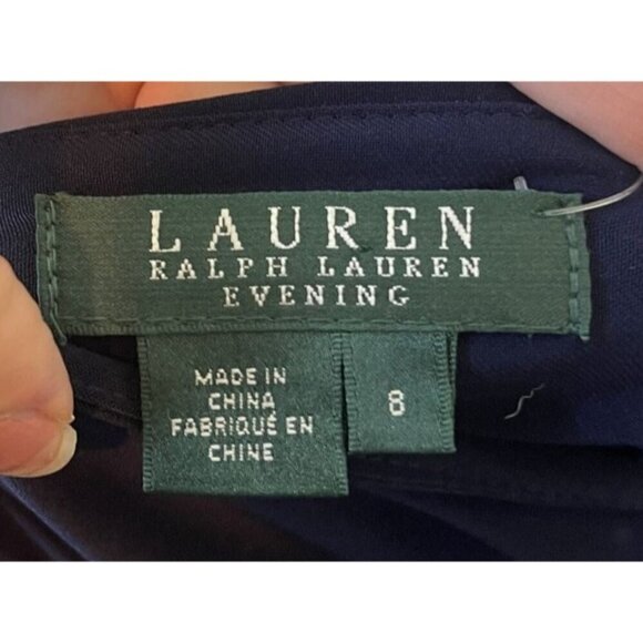 Lauren Ralph Lauren Evening Gown Size 8 Navy Blue Wrap Maxi Stretch Embellished - Picture 7 of 9
